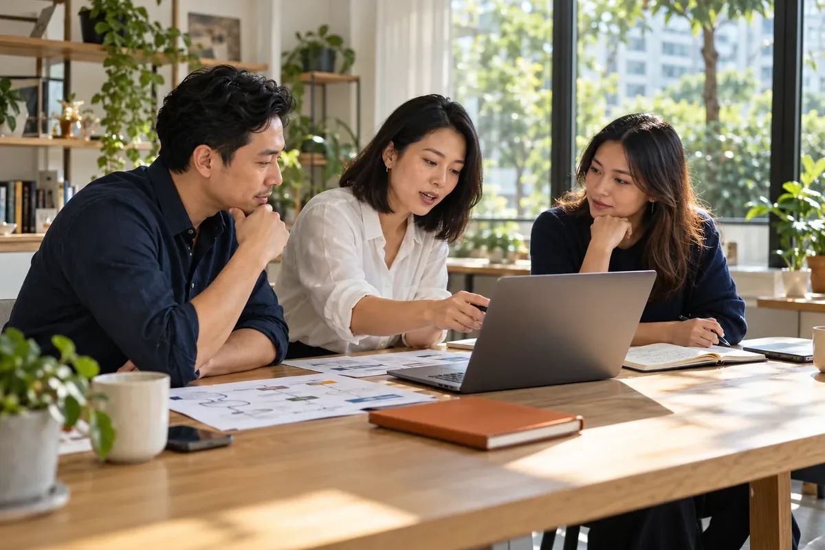 Illustrative scene of three professionals reviewing an AI workflow together